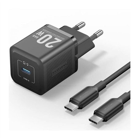CARGADOR DE PARED VENTION GAN USB-C 20W BLACK + CABLE UCB-C 1M BLACK