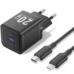 CARGADOR DE PARED VENTION GAN USB-C 20W BLACK + CABLE UCB-C - LIGHTNING 1M BLACK