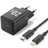 CARGADOR DE PARED VENTION GAN USB-C 20W BLACK + CABLE UCB-C - LIGHTNING 1M BLACK