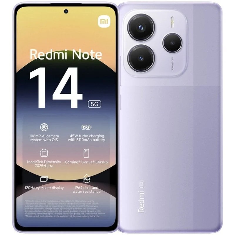 SMARTPHONE XIAOMI REDMI NOTE 14 6.67 6GB/128GB/108MP/NFC/5G PURPLE