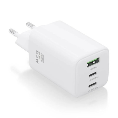 CARGADOR DE PARED AISENS GAN 2XUSB-C/USB-A 65W WHITE