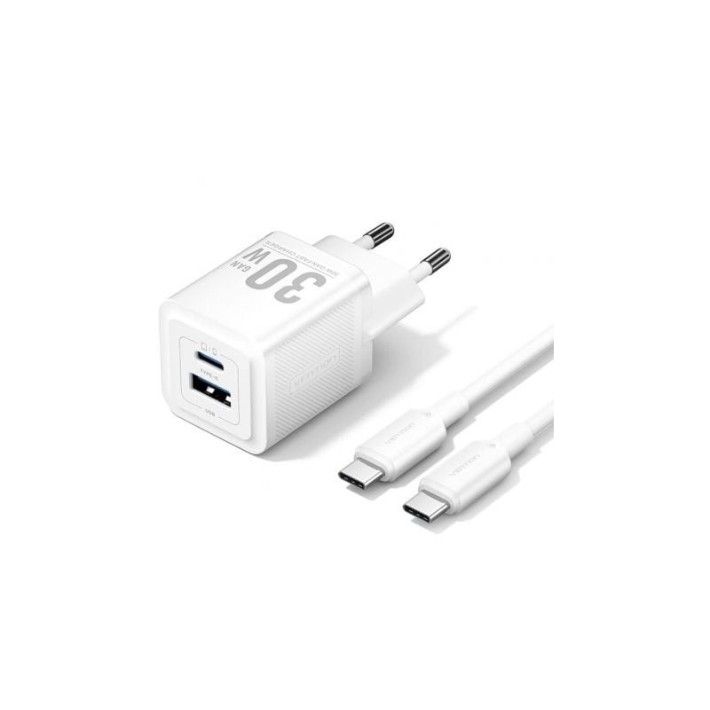 CARGADOR DE PARED VENTION GAN USB-C 30W WHITE + CABLE USB-C 1M WHITE